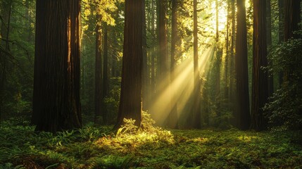 Obraz premium Towering redwood forest with sunlight piercing through the dense canopy, illuminating the mossy forest floor.
