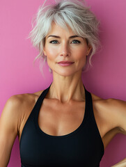 Fototapeta premium Woman with short silver hair poses against pink background