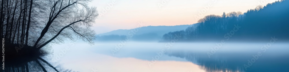 Poster a calm lake with a tree in the foreground. the sky is a mix of blue and orange, creating a serene an