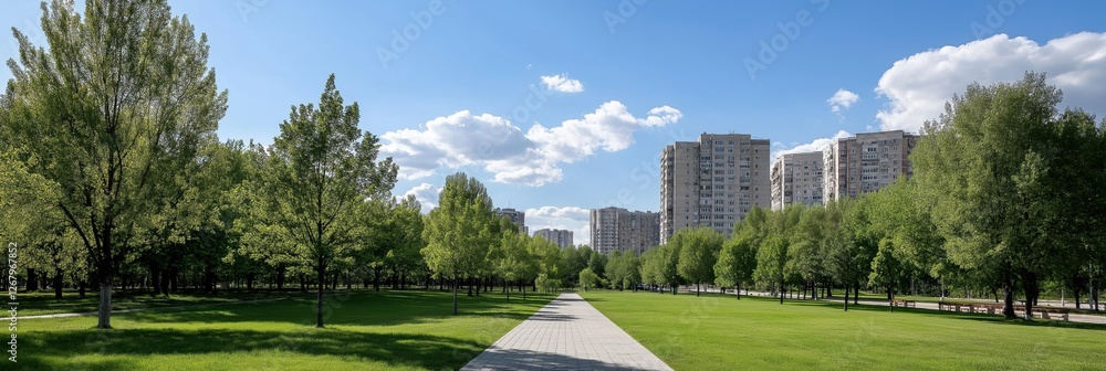 Poster a park with a path and trees in the background. the sky is blue and there are some clouds