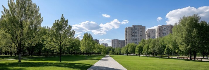 A park with a path and trees in the background. The sky is blue and there are some clouds