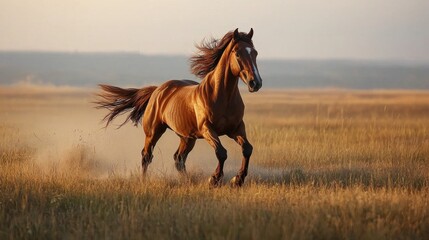 Fototapeta premium Wild horse galloping across an open prairie, its mane flowing in the wind.