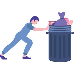 Man pushing garbage trash bin vector icon