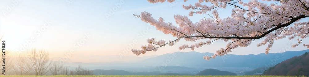 Poster a beautiful view of a mountain range with a tree in the foreground. the tree is covered in pink blos