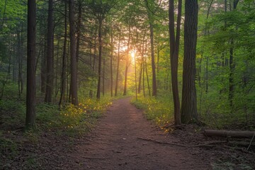 Obraz premium Sunlight filtering through lush green forest pathway in serene woodland