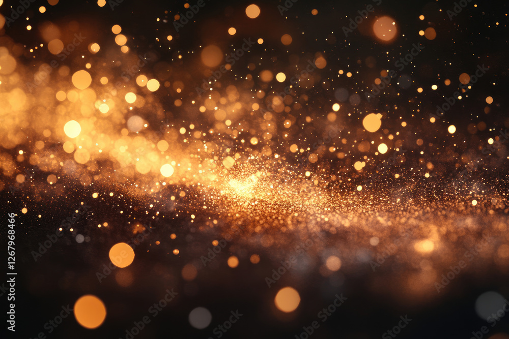 Poster golden bokeh lights sparkle on dark background, creating a magical, celebratory atmosphere.