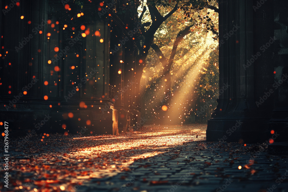 Poster autumnal sunbeams illuminate a cobblestone path, dusted with falling leaves, creating a magical scen