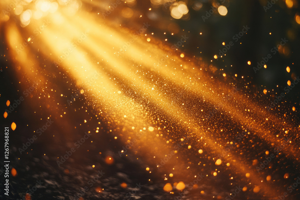 Poster golden light rays illuminating dust particles, creating a magical, ethereal scene.