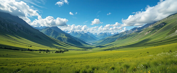 wide landscape scenery with beautiful green grass land and mountain range in the morning with copy space at side 
