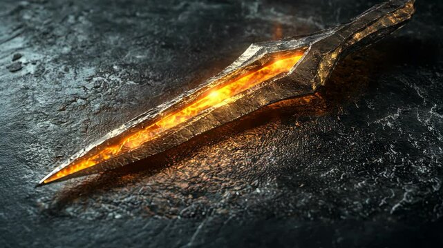 Glowing metal spear on dark stone surface