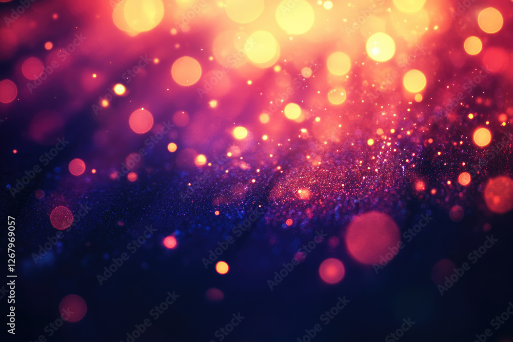 Poster abstract bokeh background with vibrant red and purple lights, glittering and shimmering.