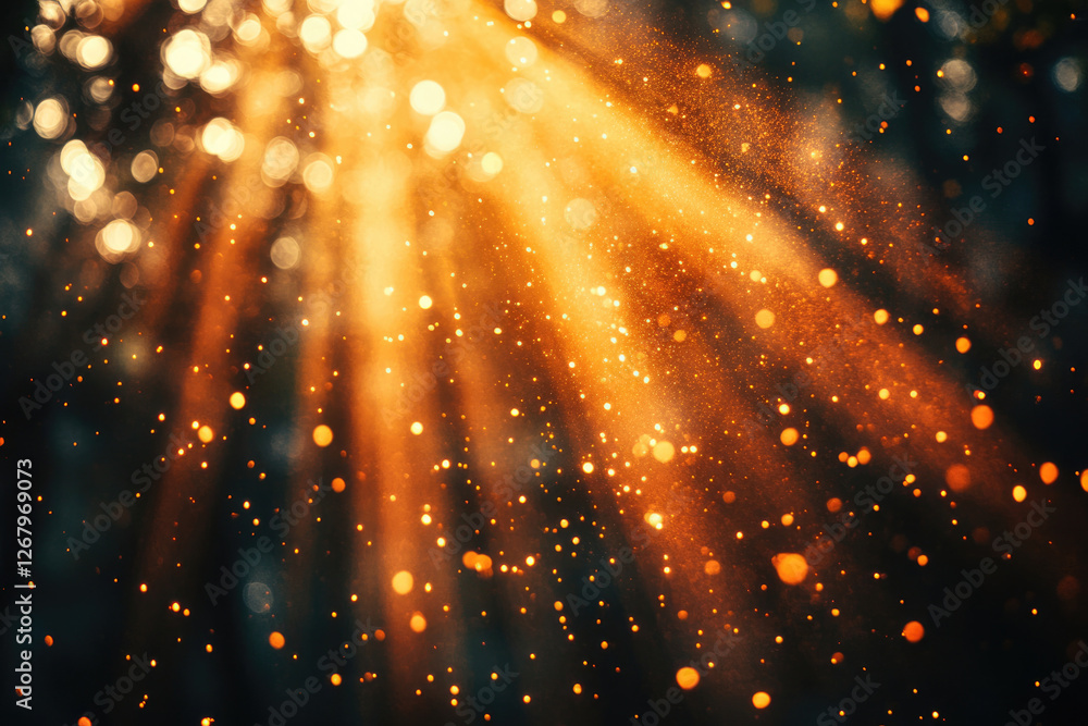 Poster golden light rays illuminate a dark background, scattering sparkling dust and bokeh.