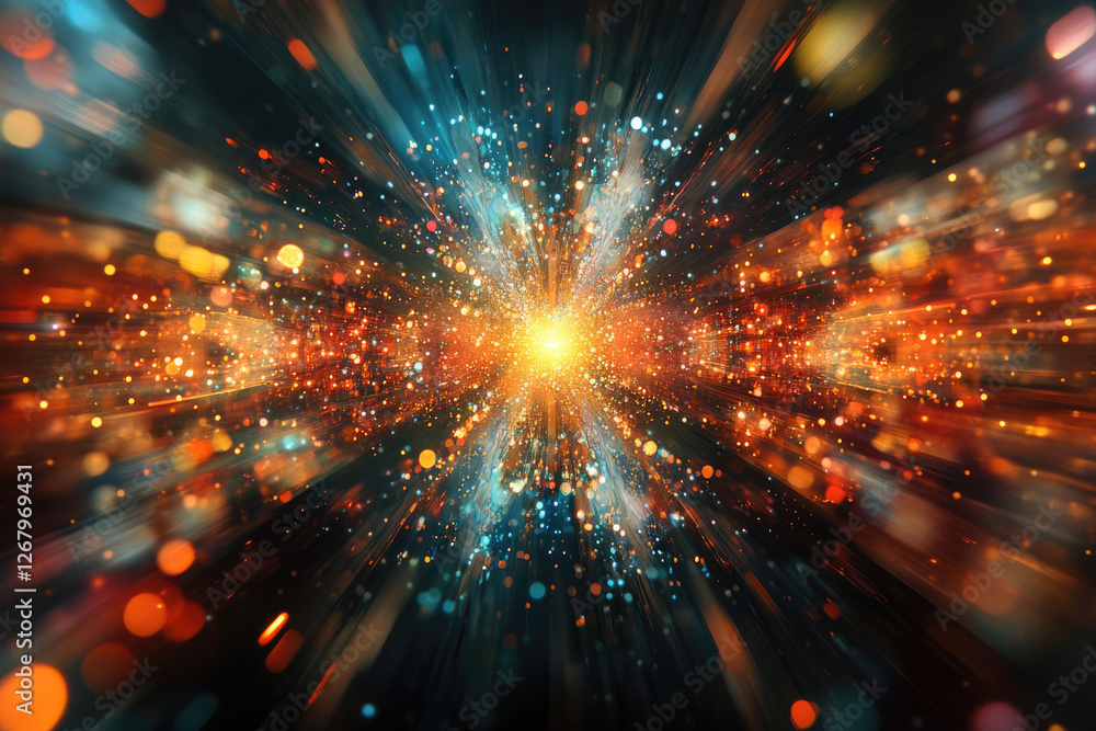 Poster a vibrant explosion of light and color, radiating outwards in a mesmerizing display of energy and sp