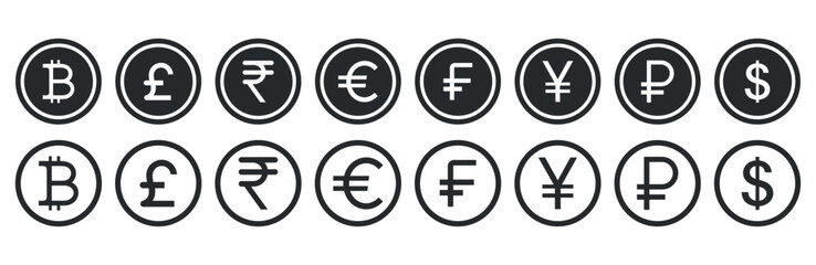 Vector Currency Icon Collection. Dollar, Euro, British Pound, Chinese Yuan, Franc, and Bitcoin Symbols