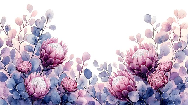 Purple protea, eucalyptus border, watercolor, wedding invitation design