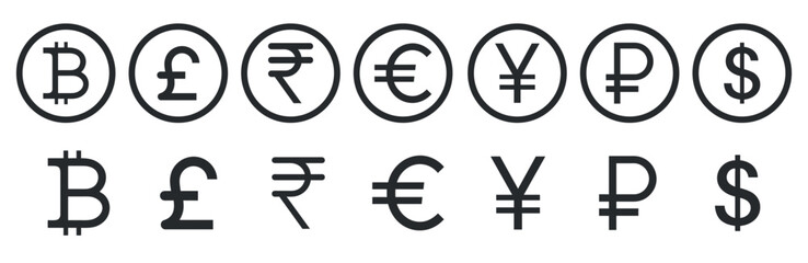 International Currency Symbols Set. Dollar, Euro, Franc, British Pound, Chinese Yuan, and Bitcoin Icons. Vector Design