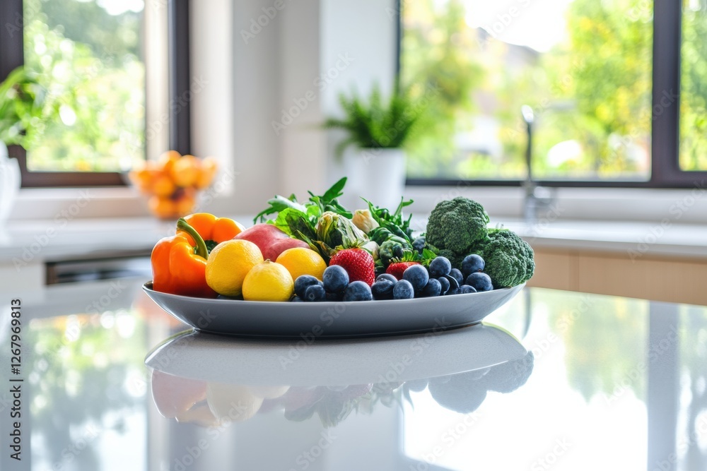 Poster fresh assortment of fruits and vegetables arranged on a sleek kitchen countertop in bright natural l