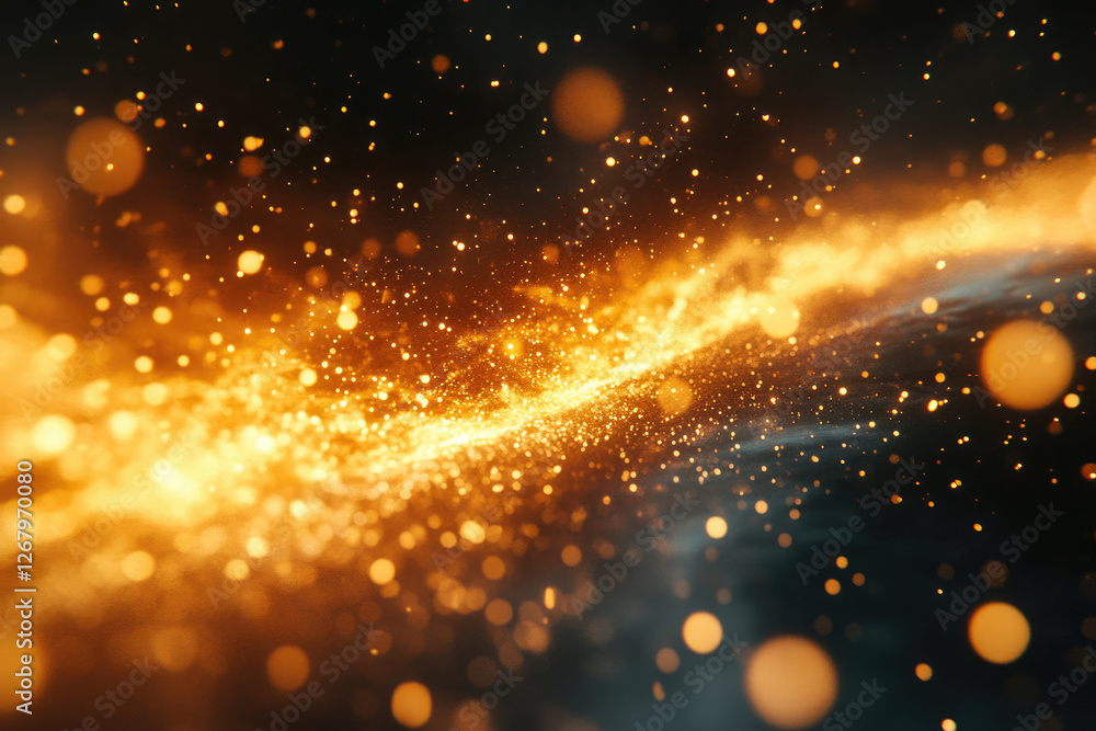 Poster golden particles flowing like a cosmic river, creating a magical and ethereal scene.