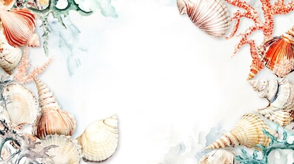 Obraz premium Watercolor Ocean Frame with Spiral Seashells and Conch in Beige, Coral, and Pale Blue – Nautical Border for Inviting Designs