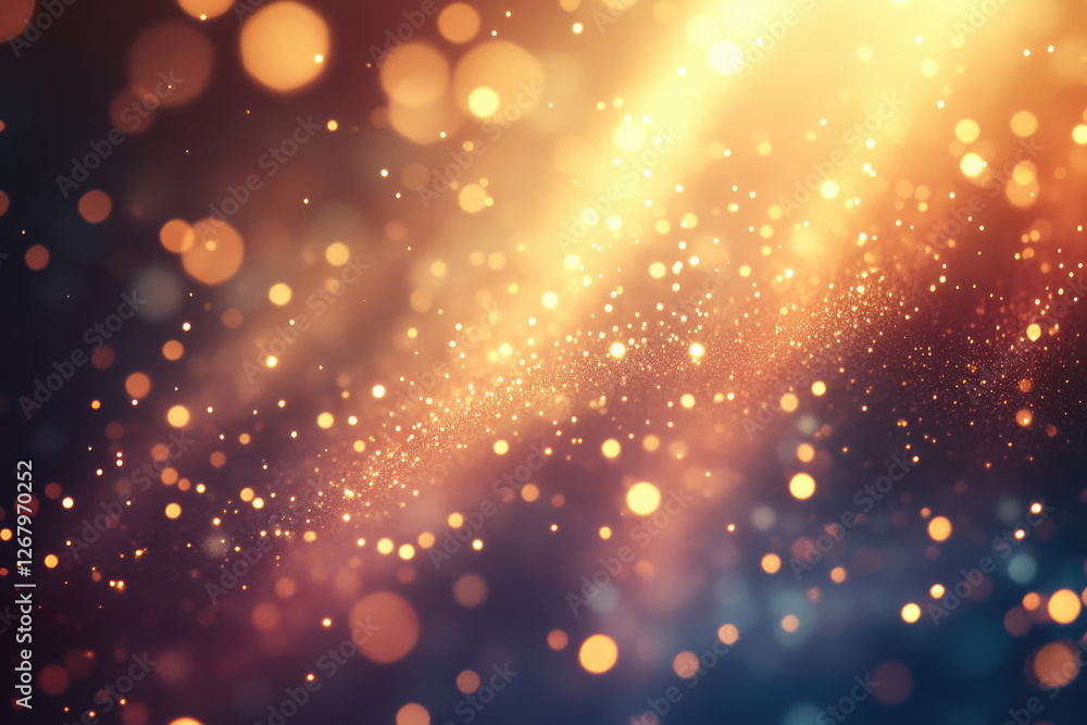 Poster abstract background with golden bokeh lights and glitter, creating a magical and festive atmosphere.
