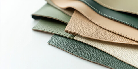 Various leather material swatches in different colors laid out for textile selection in a design studio, showcasing texture and finish