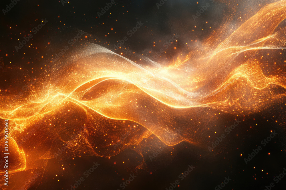 Aufkleber abstract glowing orange waves with sparkling particles on a dark background.