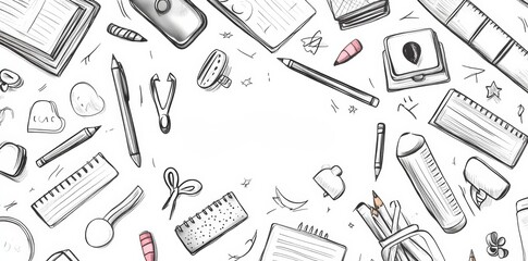 School and education  pattern with pencils, compasses, books, a trophy cup, a laptop computer, and a globe on white paper. 