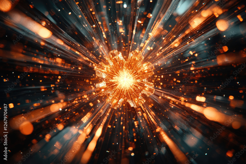 Poster a vibrant, abstract explosion of light and energy, radiating outwards in a dazzling display of color