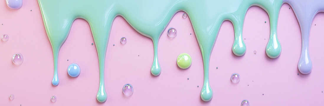 Green lilac and blue slime create a playful visual effect as they drip down the smooth pink surface, showcasing vivid colors and textures