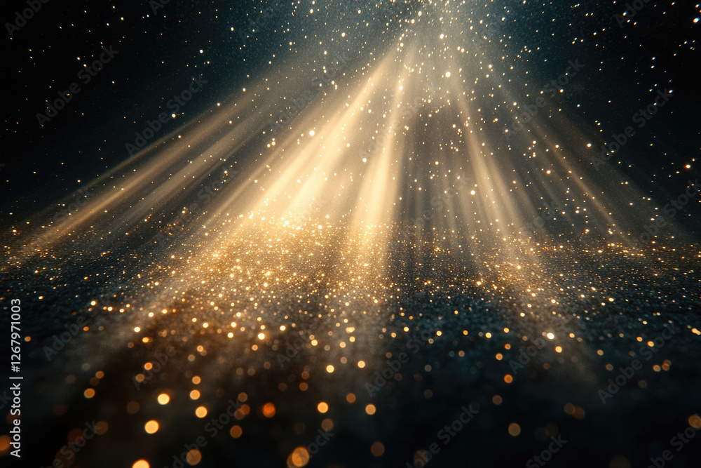 Poster golden light rays illuminate a dark, glittering surface, creating a magical, ethereal scene.