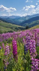 Fototapeta premium A breathtaking landscape of vibrant wildflowers blooming in a lush valley, with towering mountain peaks and a blue sky with fluffy clouds.