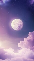 Obraz premium Magical Night Sky with Full Moon and Lavender Clouds Under Twinkling Stars – Dreamy and Romantic Atmosphere