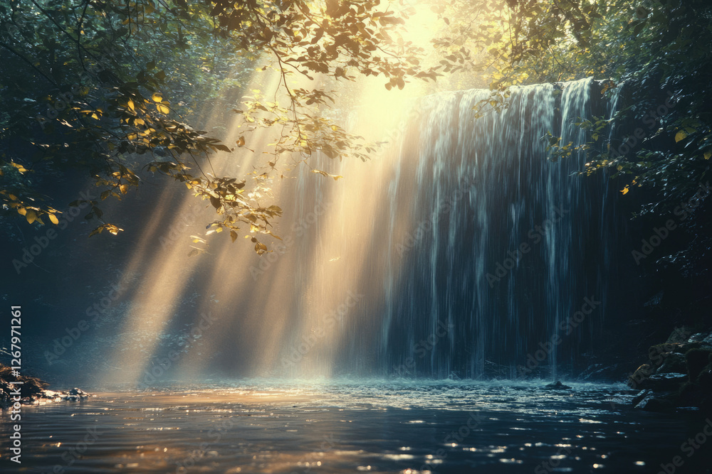 Aufkleber Sunbeams illuminate a serene waterfall cascading into a tranquil pool in a lush forest.