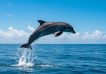 Obraz premium A dolphin jumping out of the water with a spray of water, set against a clear blue ocean and sky, creating an energetic and dynamic scene.