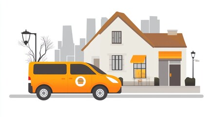 Naklejka premium Orange delivery van parked outside a burger restaurant