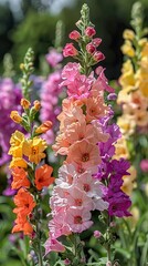 Soft pink and peach gladiolus flowers in sunlight