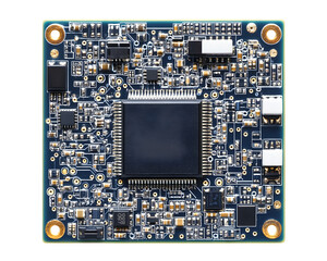 A detailed circuit board with a central chip and intricate electronic components, representing modern technology and engineering.