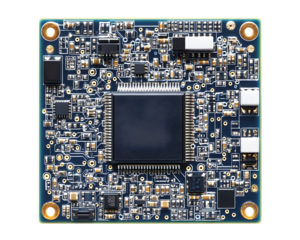 A detailed circuit board with a central chip and intricate electronic components, representing modern technology and engineering.