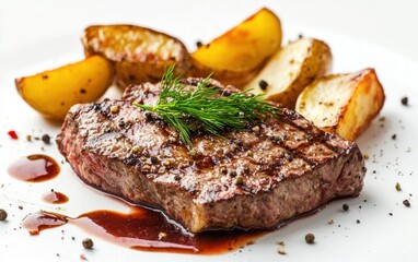 Steak with potato wedges, fresh dill, and sauce splashes on a crisp white background