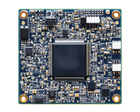 A detailed circuit board with a central chip and intricate electronic components, representing modern technology and engineering.