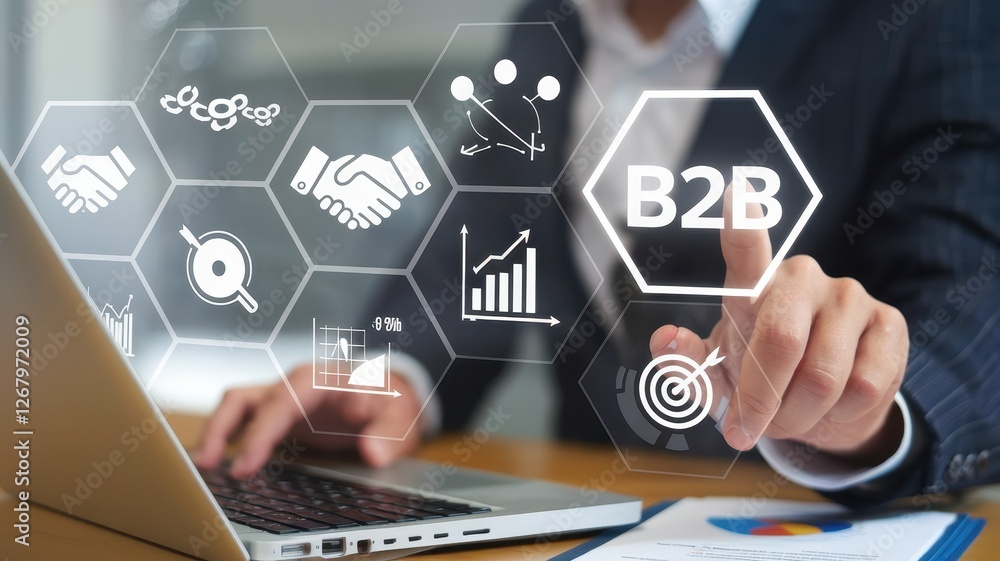 Poster man interacts with virtual b to b business icons