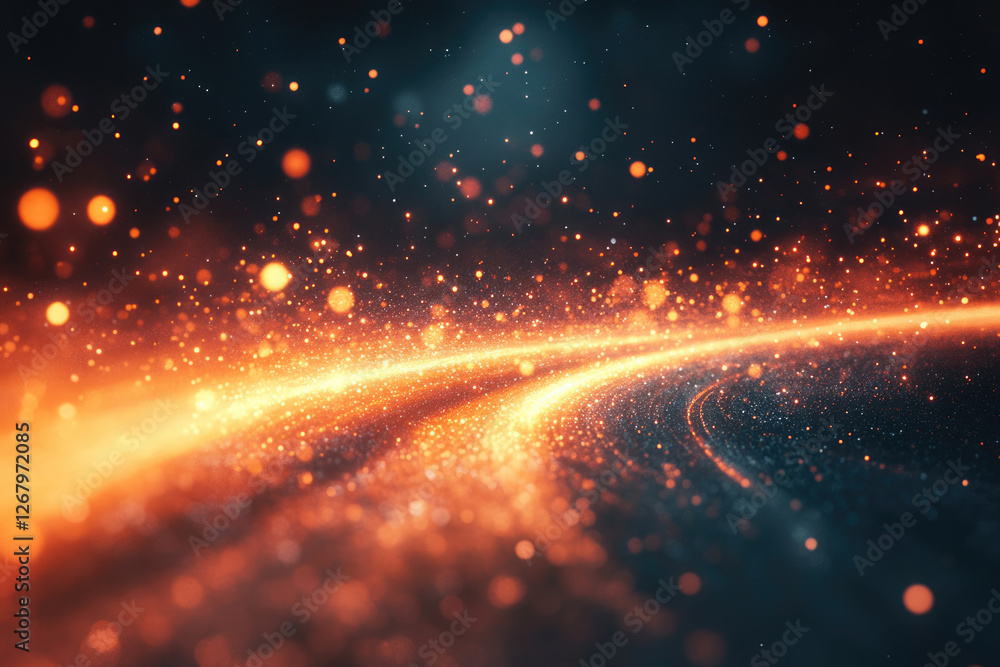 Poster glowing orange particles swirl in a dark background, creating a cosmic, abstract and magical scene.