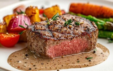 Steak with rich peppercorn sauce and side vegetables on a soft neutral background