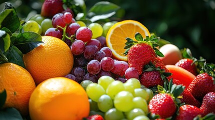 A colorful assortment of fresh fruits, including strawberries, grapes, and oranges, arranged beautifully.