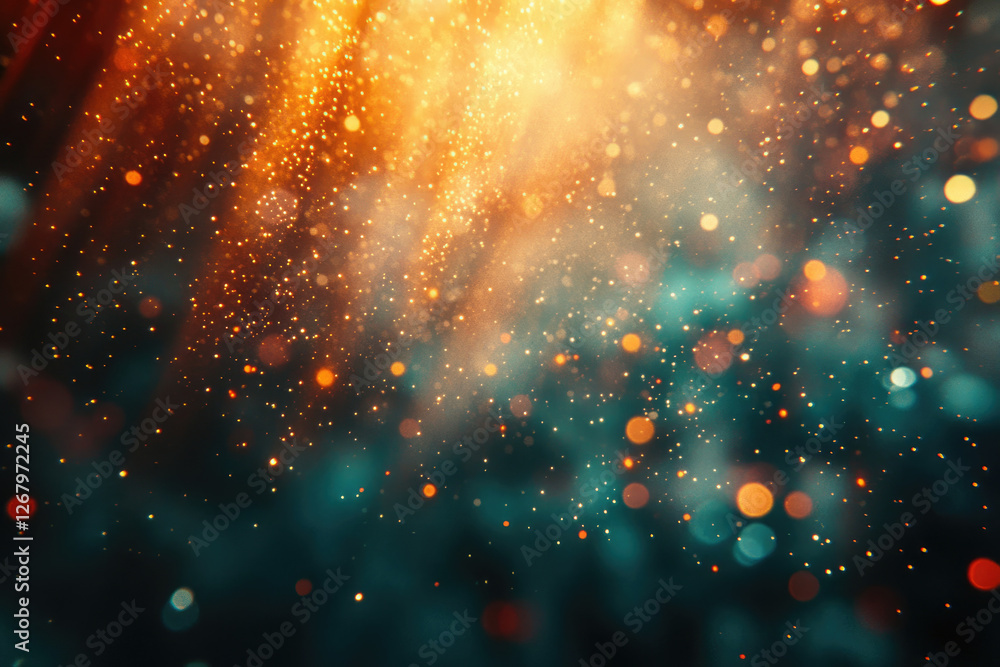 Poster abstract background with teal and orange bokeh lights, sparkling dust and glitter.