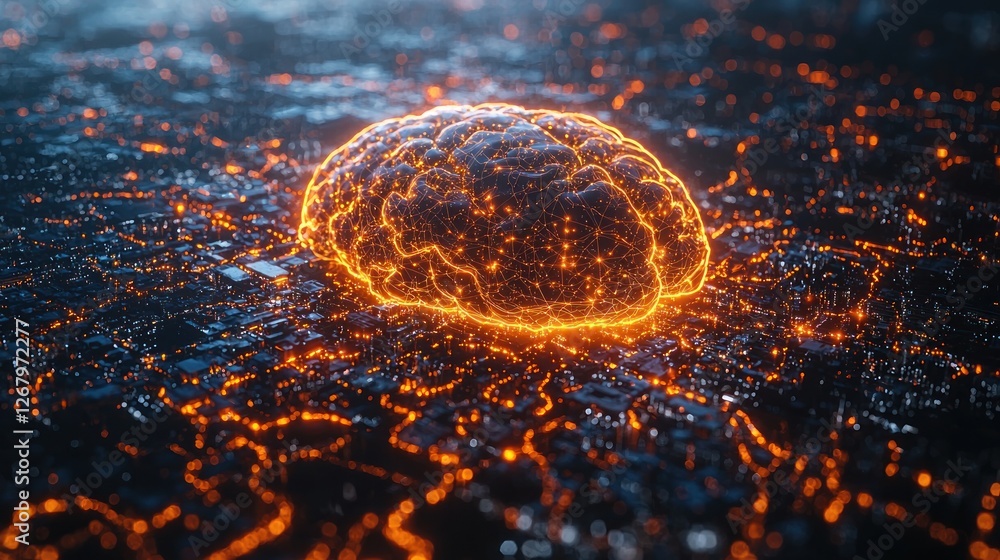 Poster illuminated brain over digital circuitry network