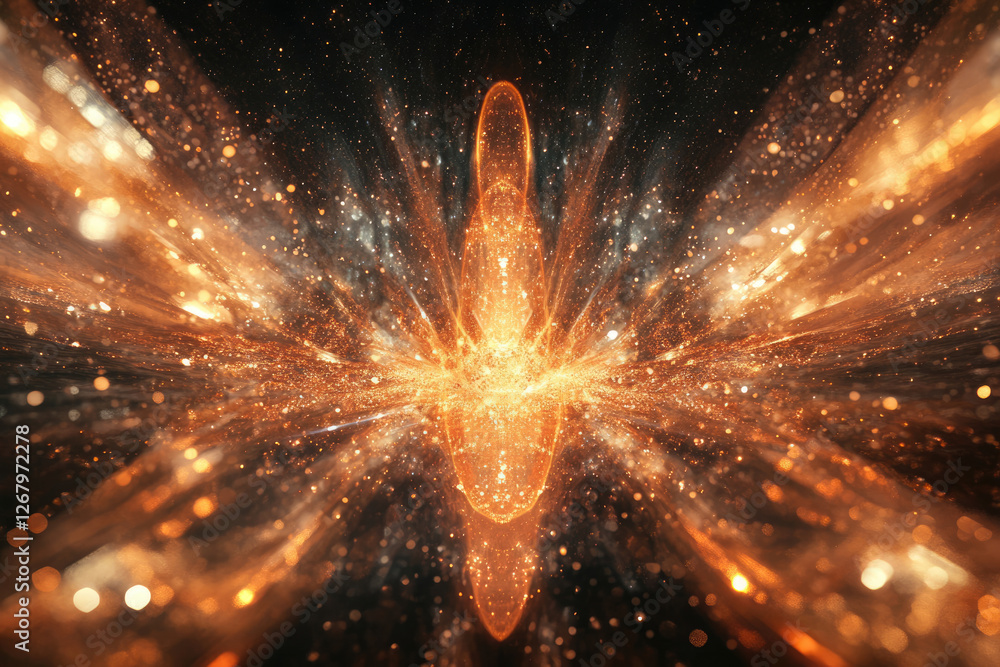 Poster a mesmerizing cosmic explosion of golden light and sparkles, radiating outwards in a symmetrical pat