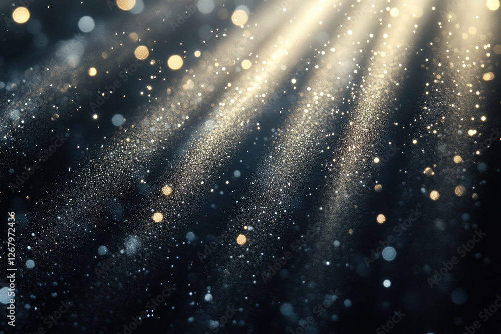 Poster golden glitter particles floating in dark background, illuminated by light beams.