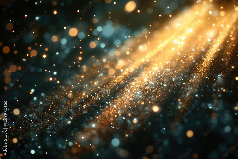 Poster abstract image of glittering gold and teal particles, creating a magical, cosmic effect.