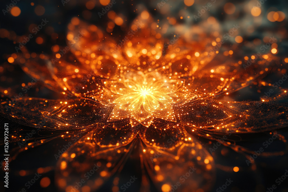 Poster a fiery, abstract fractal flower glows with orange sparks against a dark background, creating a mesm